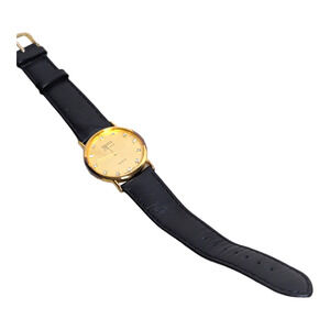 Geneve Classic Gold Face Watch with Rhinestones & Black Leather Band Vintage